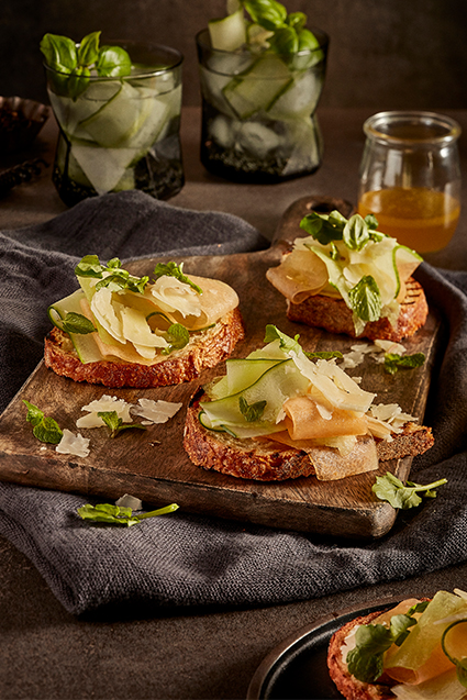 Photo of - Cucumber Melon Caprese Crostini